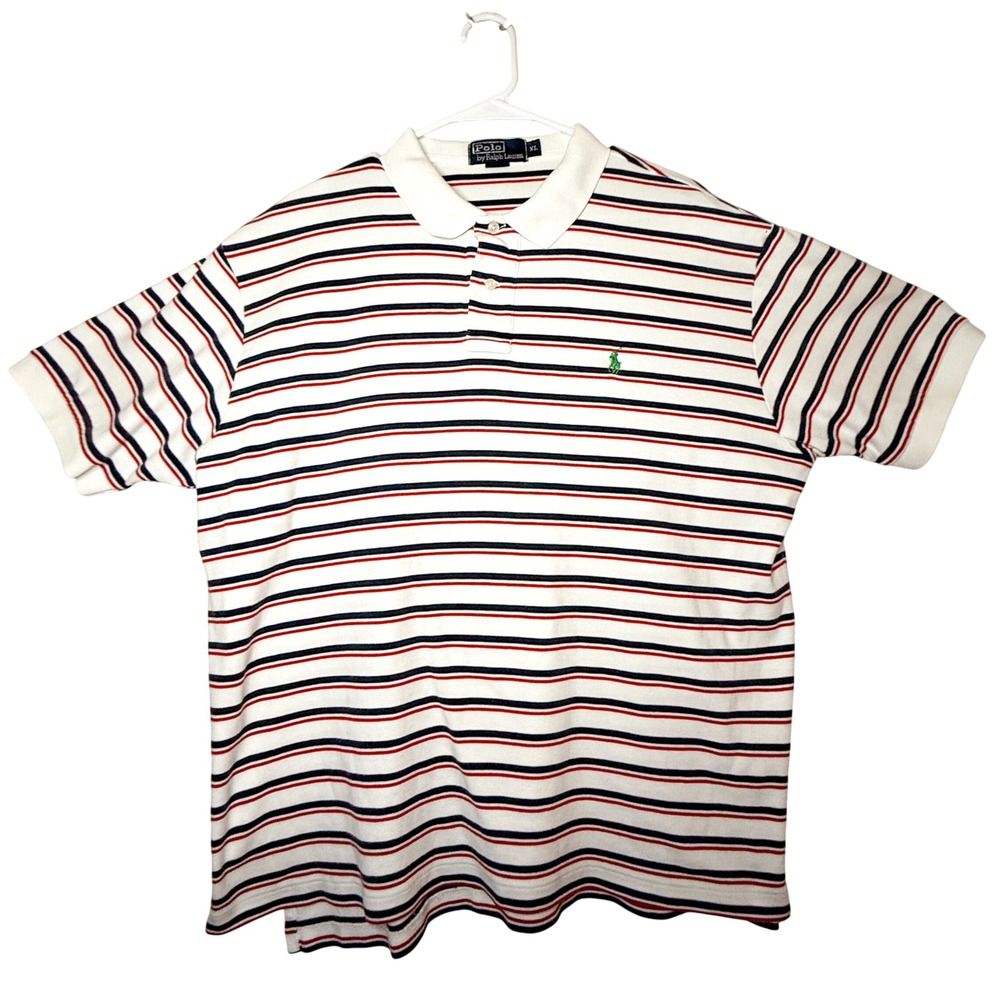 Polo Ralph Lauren Mens XL Striped Polo Shirt White Navy Red Cotton Preppy